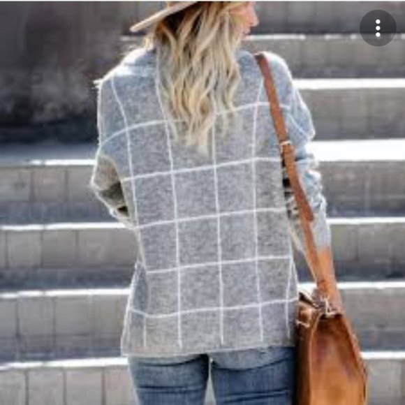 Rachel Zoe boxy mock neck wool blend window pane checkered sweater silver - Picture 2 of 8